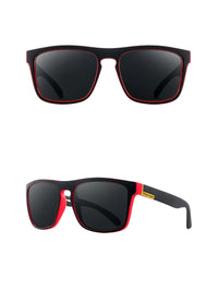 Thumbnail for Black and red sunglasses with a visible polarized logo on a white background
