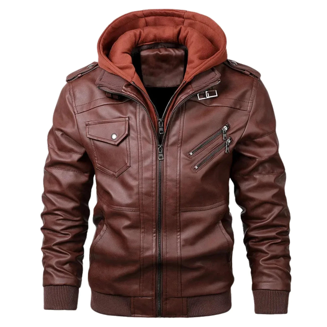Brownish red leather jacket with a hood on a white background