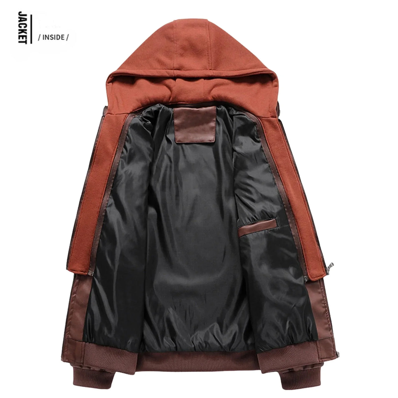 Inside of a leather jacket with hood on a white background