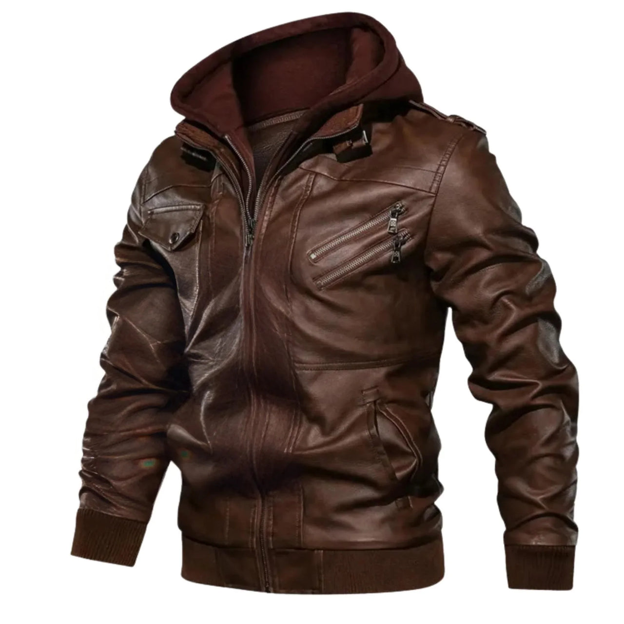 Brown leather jacket with a hood on a white background
