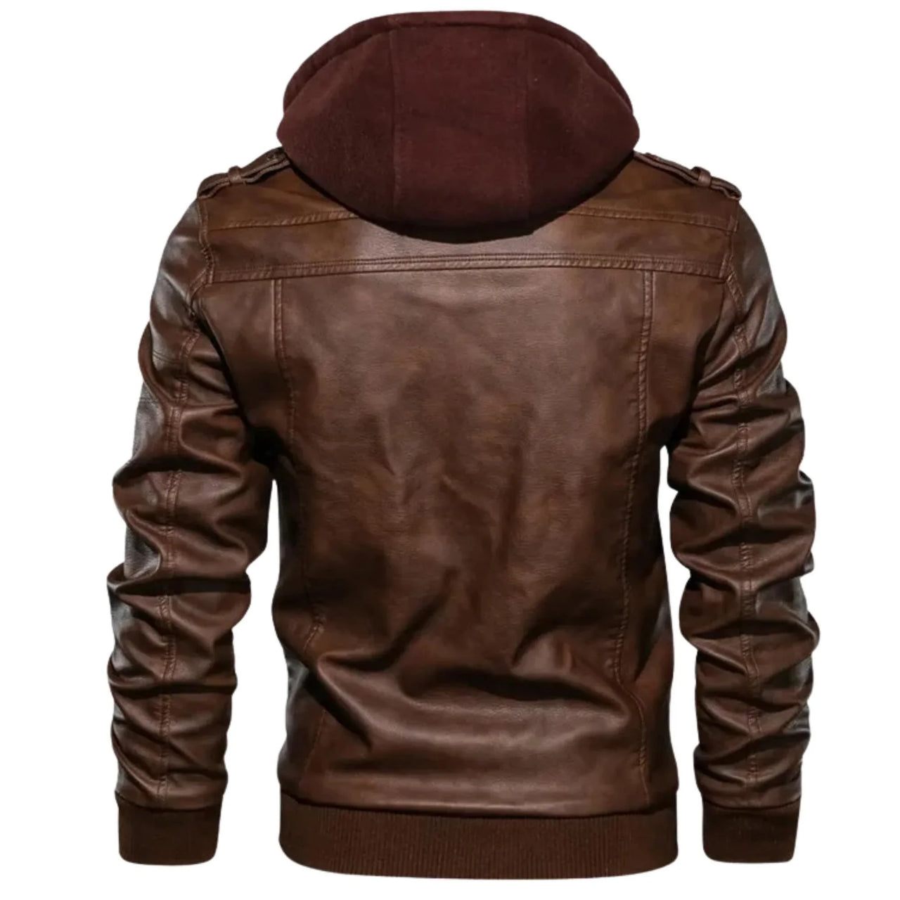 Brown leather jacket with a hood on a white background
