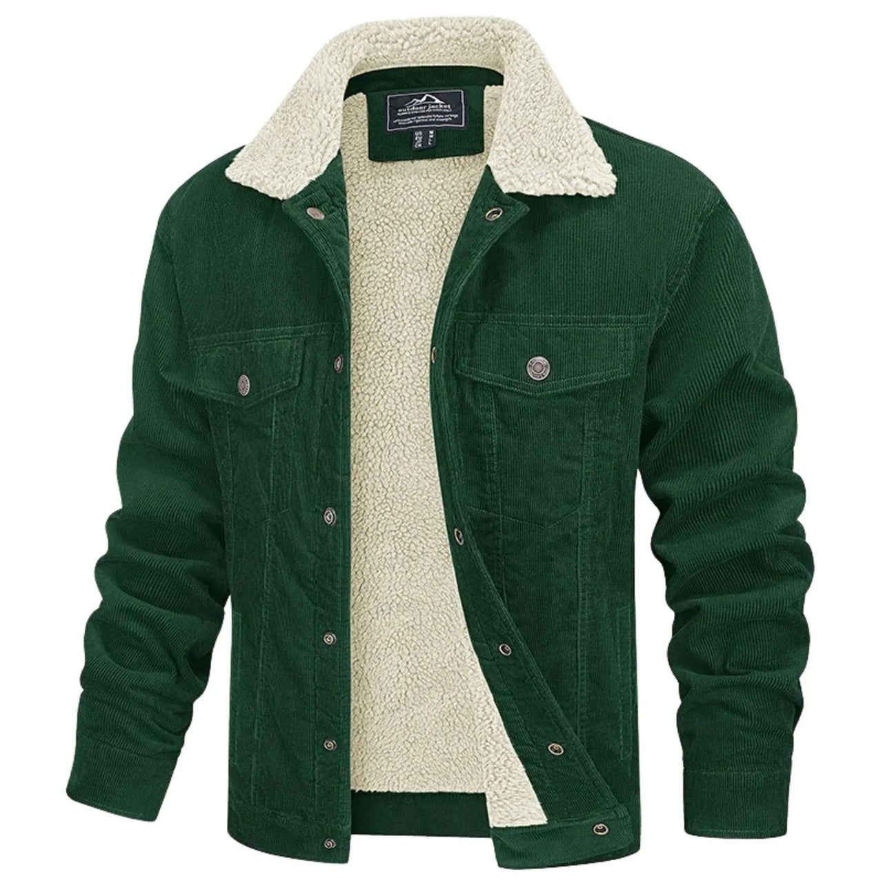 Men's green corduroy jacket with white sherpa lining on a white background