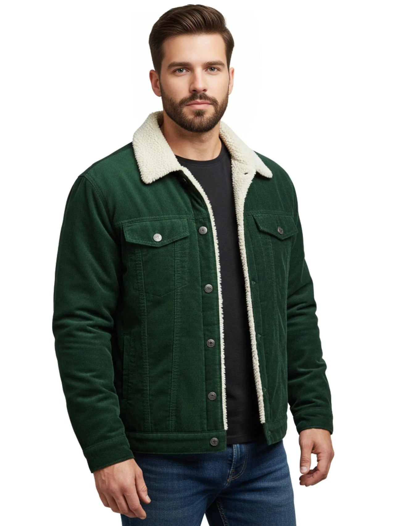 Men's Corduroy Jacket Vintage Sherpa Fleece Lined Thick Warm Winter Coats Multi-Pockets Casual Denim Jacket