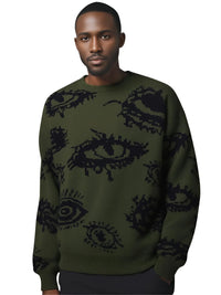 Thumbnail for Man wearing a green sweater with black abstract patterns on a white background