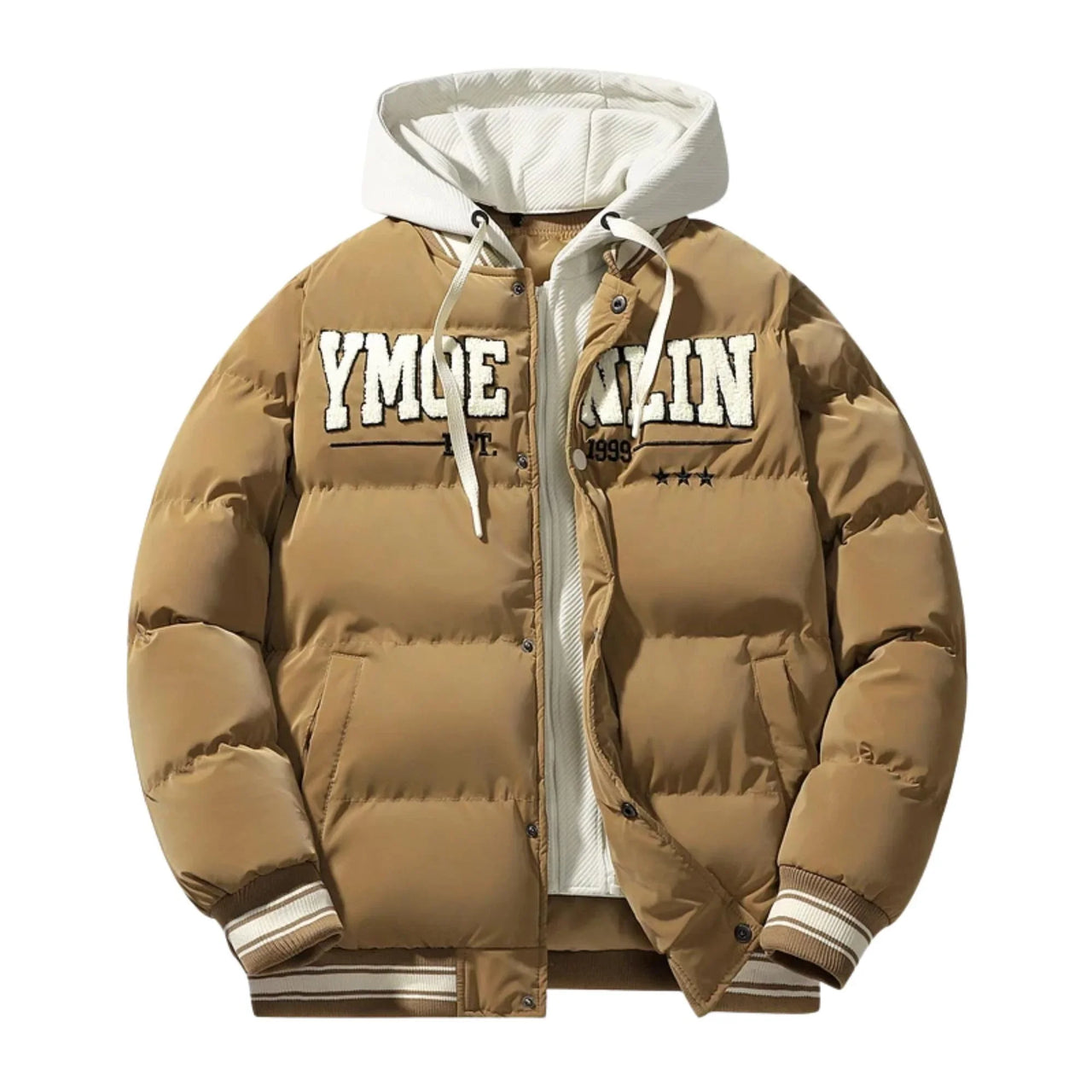 Brown puffer jacket with white text on a white background