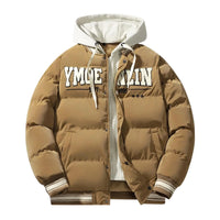 Thumbnail for Brown puffer jacket with white text on a white background