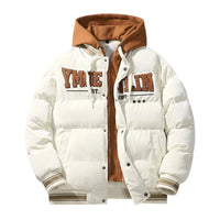 Thumbnail for White puffer jacket with brown hood and lettering on a white background