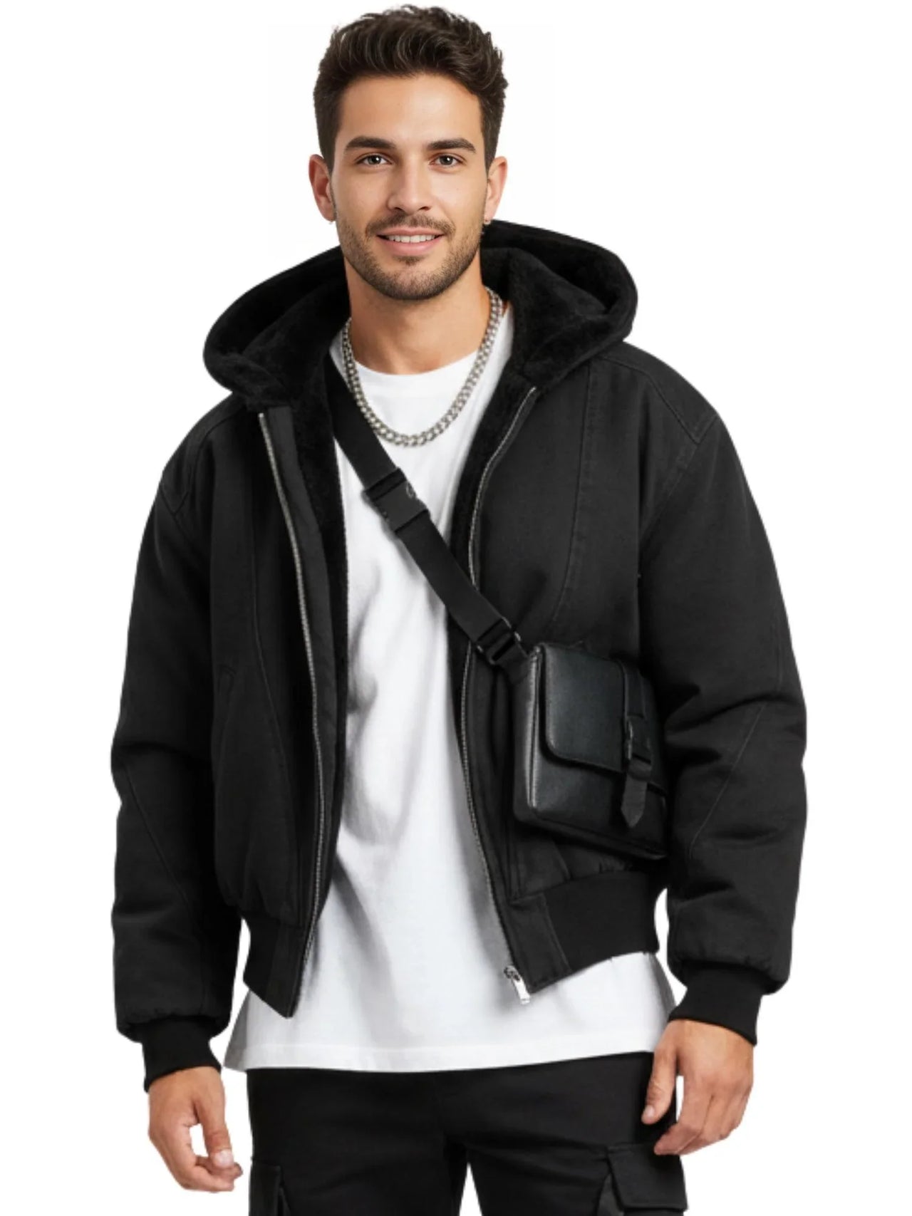 Man wearing a black hooded canvas short jacket and carrying a black bag on a white background