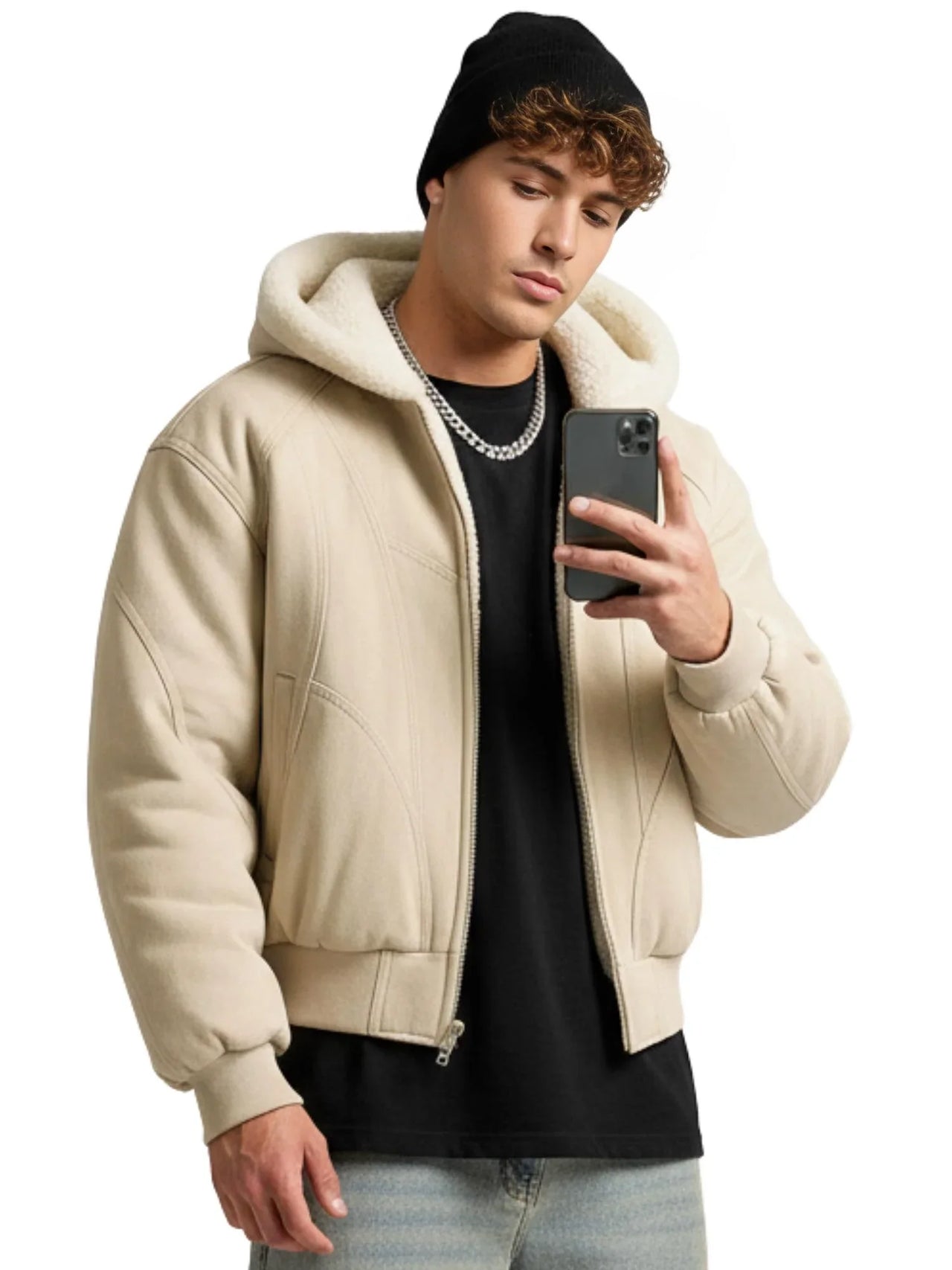 Man wearing a khaki hooded canvas short jacket holding a phone on a white background