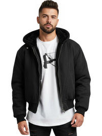 Thumbnail for Man wearing a black hooded canvas short jacket over a white t-shirt with a graphic design on a white background