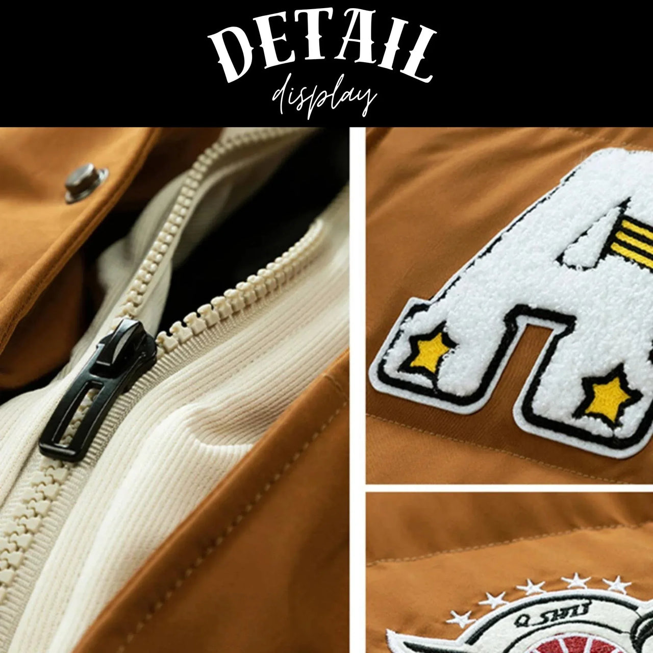 Close-up of a brown jacket with a zipper and patches featuring stars and text.