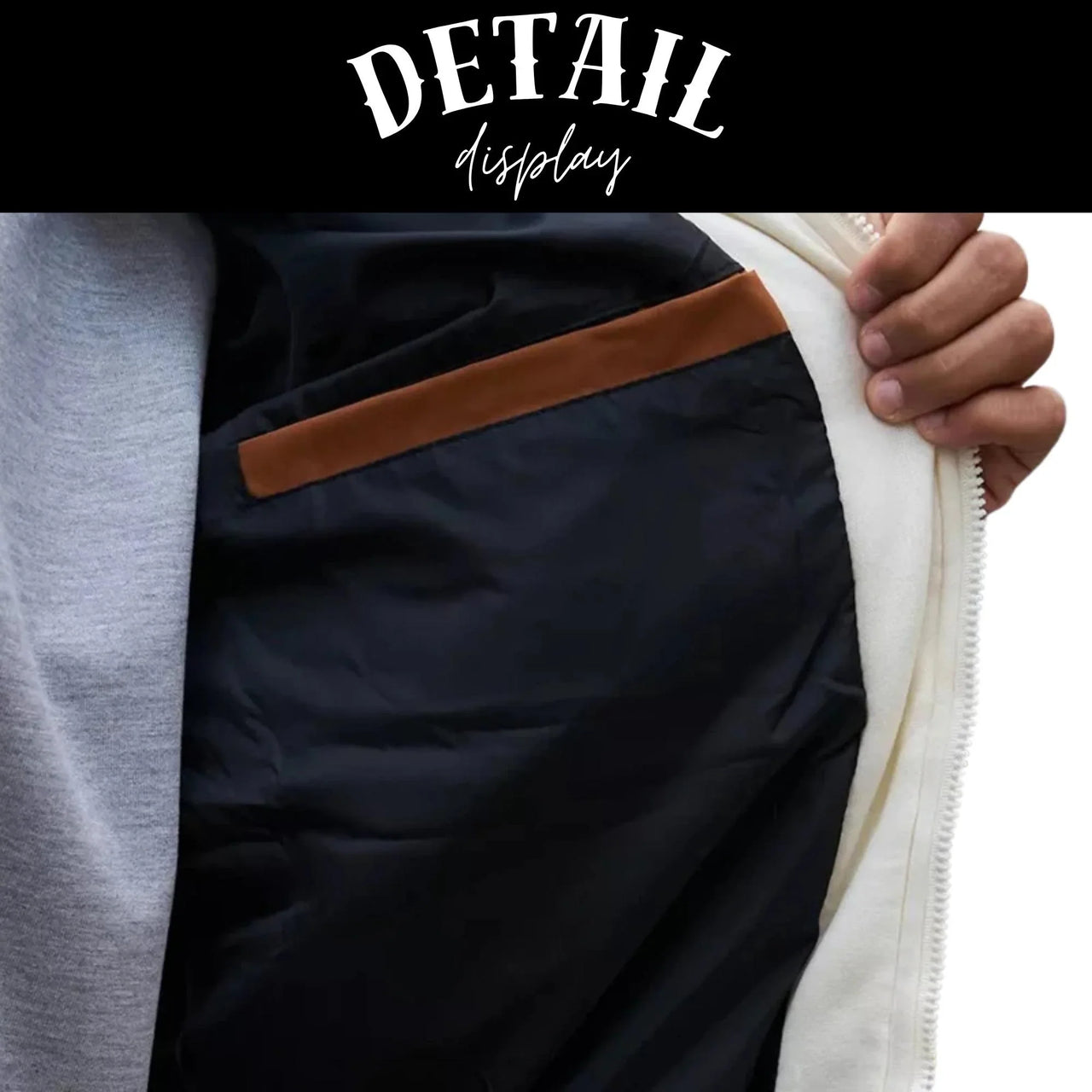 Close-up of a jacket with a brown pocket, held by a person, with 'Detail Display' text above.