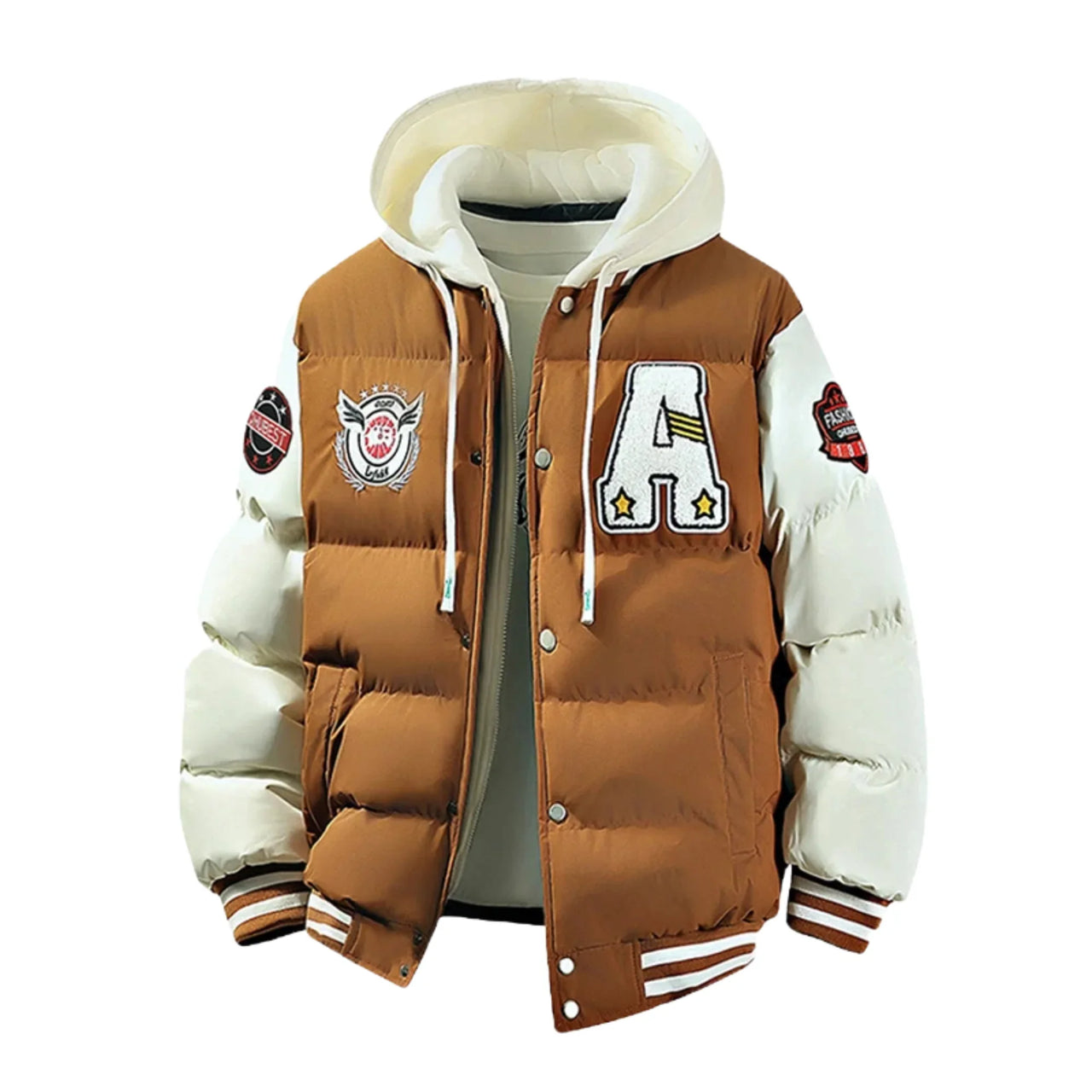 Khaki and white puffer jacket with patches on a white background