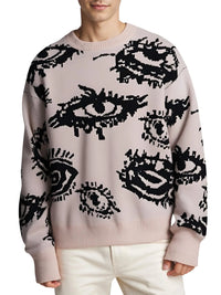 Thumbnail for Person wearing a khaki sweater with black eye pattern on a light background