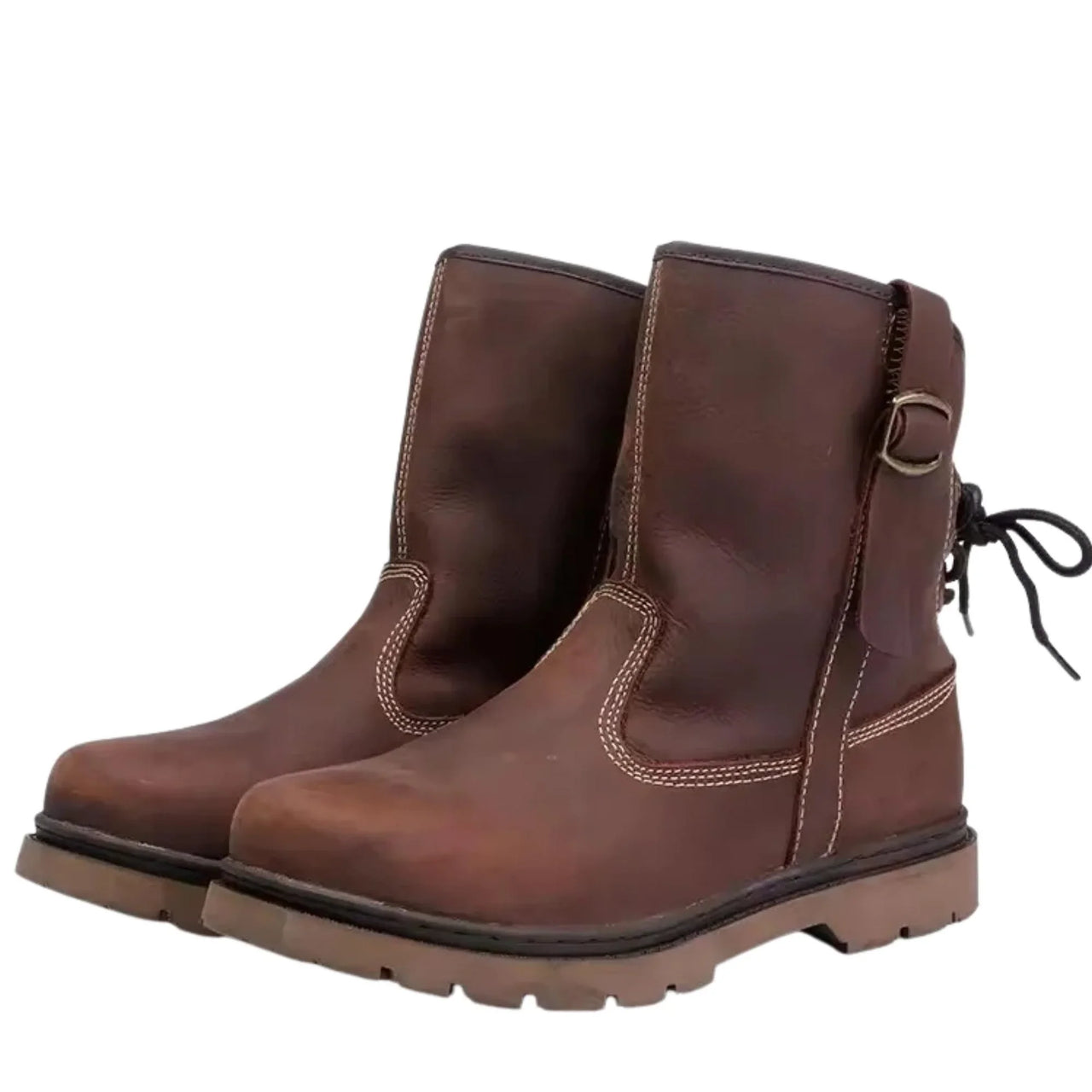 Pair of brown leather boots on a white background