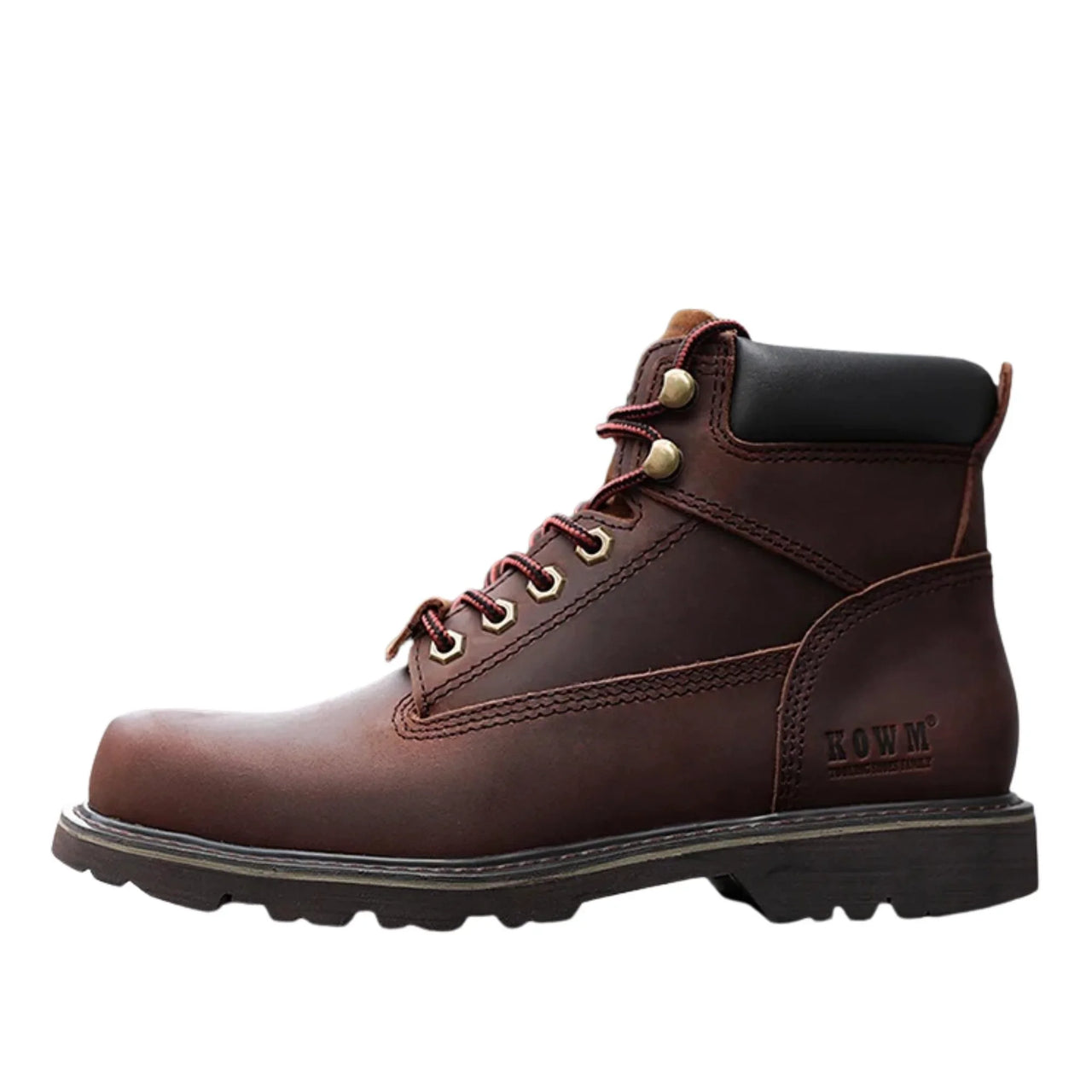 Brown leather boot with visible brand logo on a white background