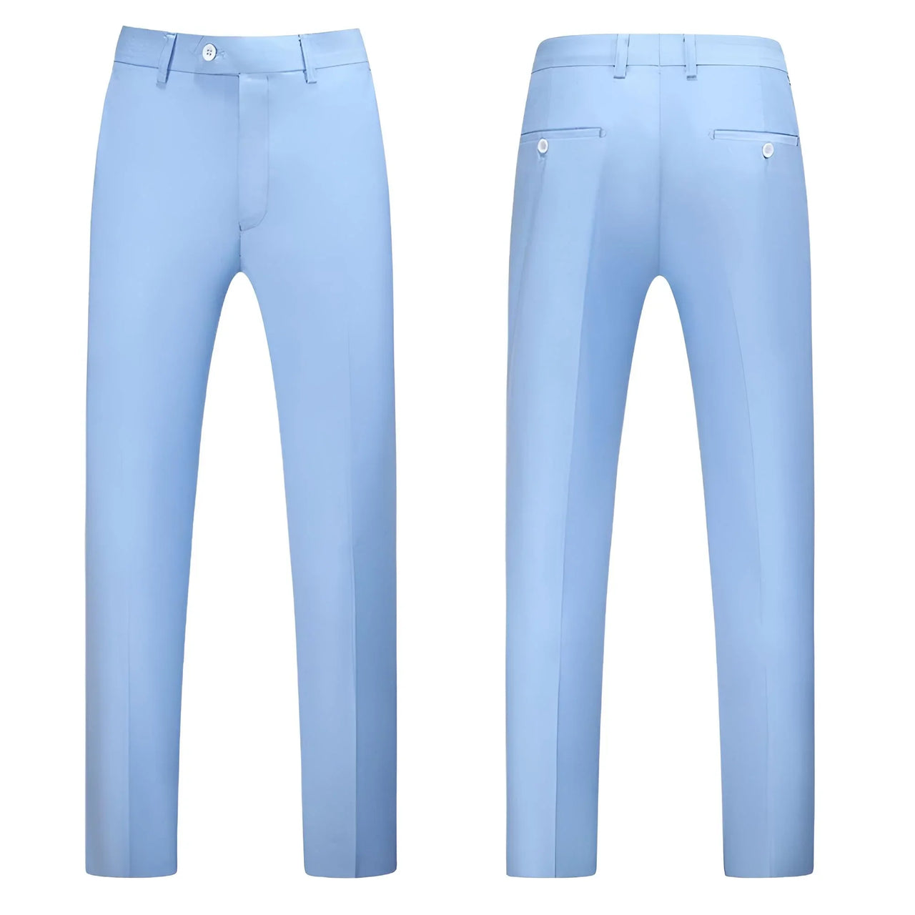 Men's light blue pants displayed from two angles on a white background