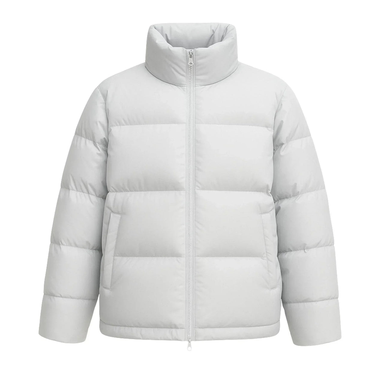 Grey puffer jacket on a white background