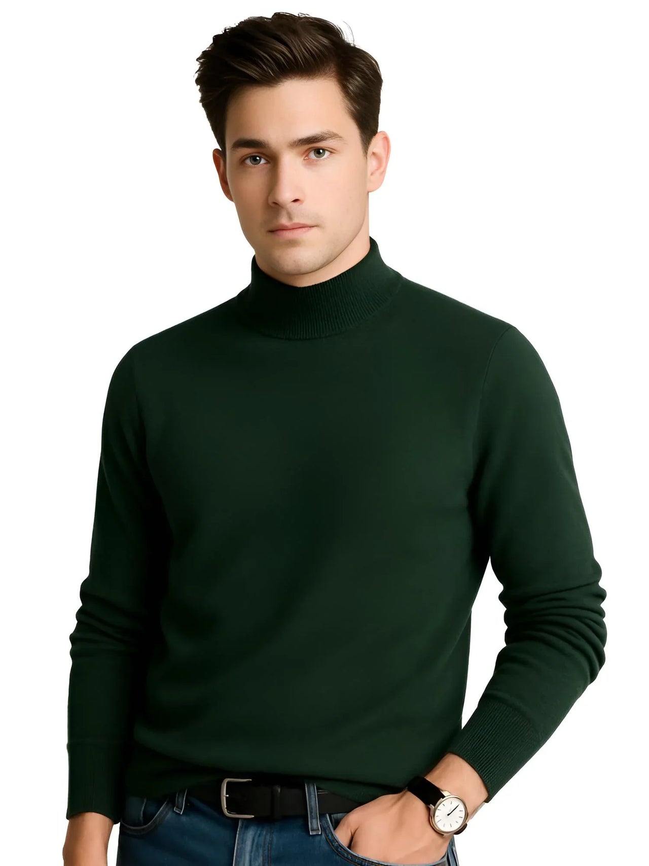 Man wearing a dark green turtleneck sweater on a white background