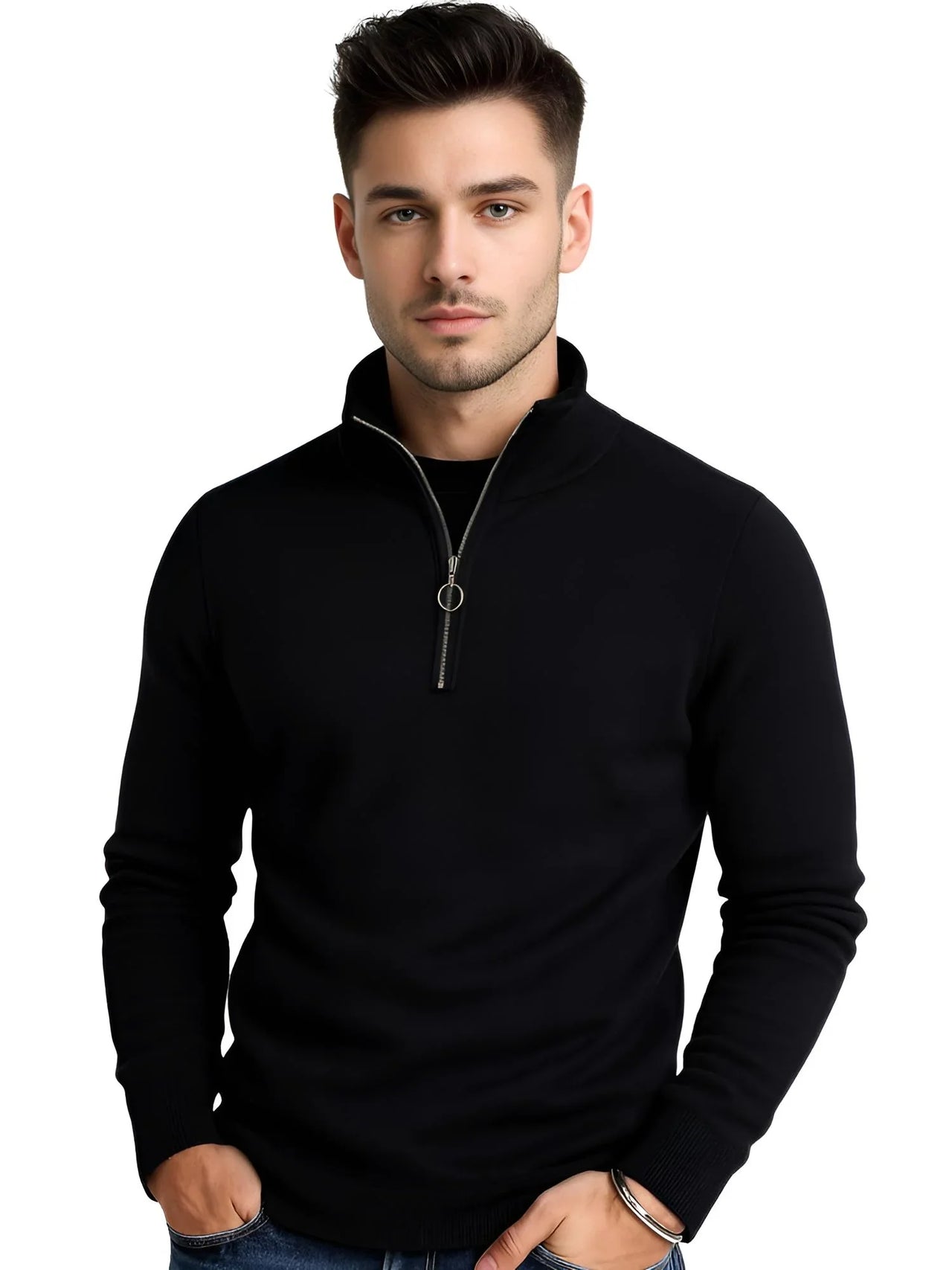 Man wearing a black half-zip sweater on a white background