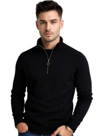 Thumbnail for Man wearing a black half-zip sweater on a white background