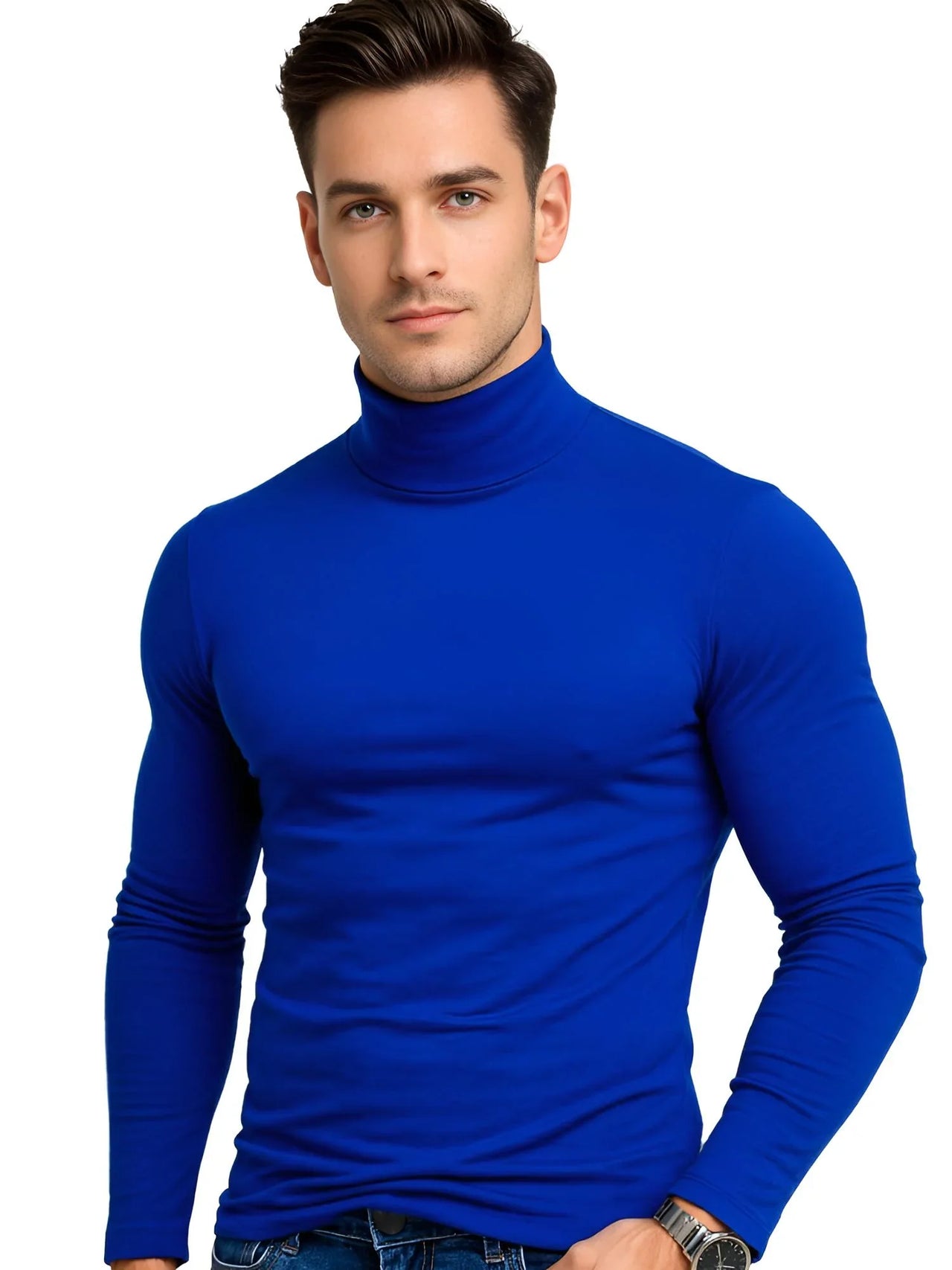 Man wearing a thin blue turtleneck shirt on a white background