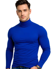 Thumbnail for Man wearing a thin blue turtleneck shirt on a white background