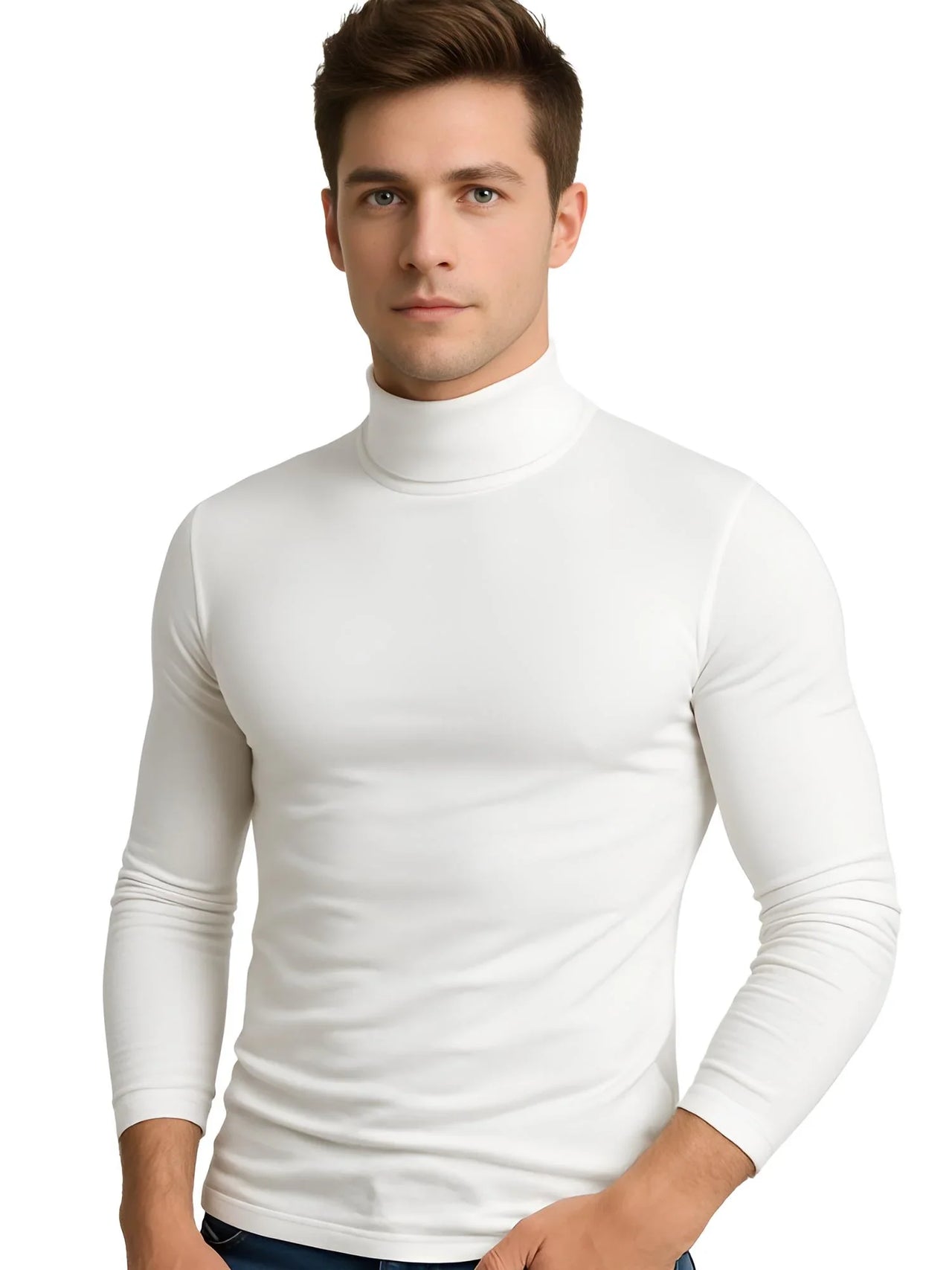 Man wearing a thin white turtleneck shirt on a white background
