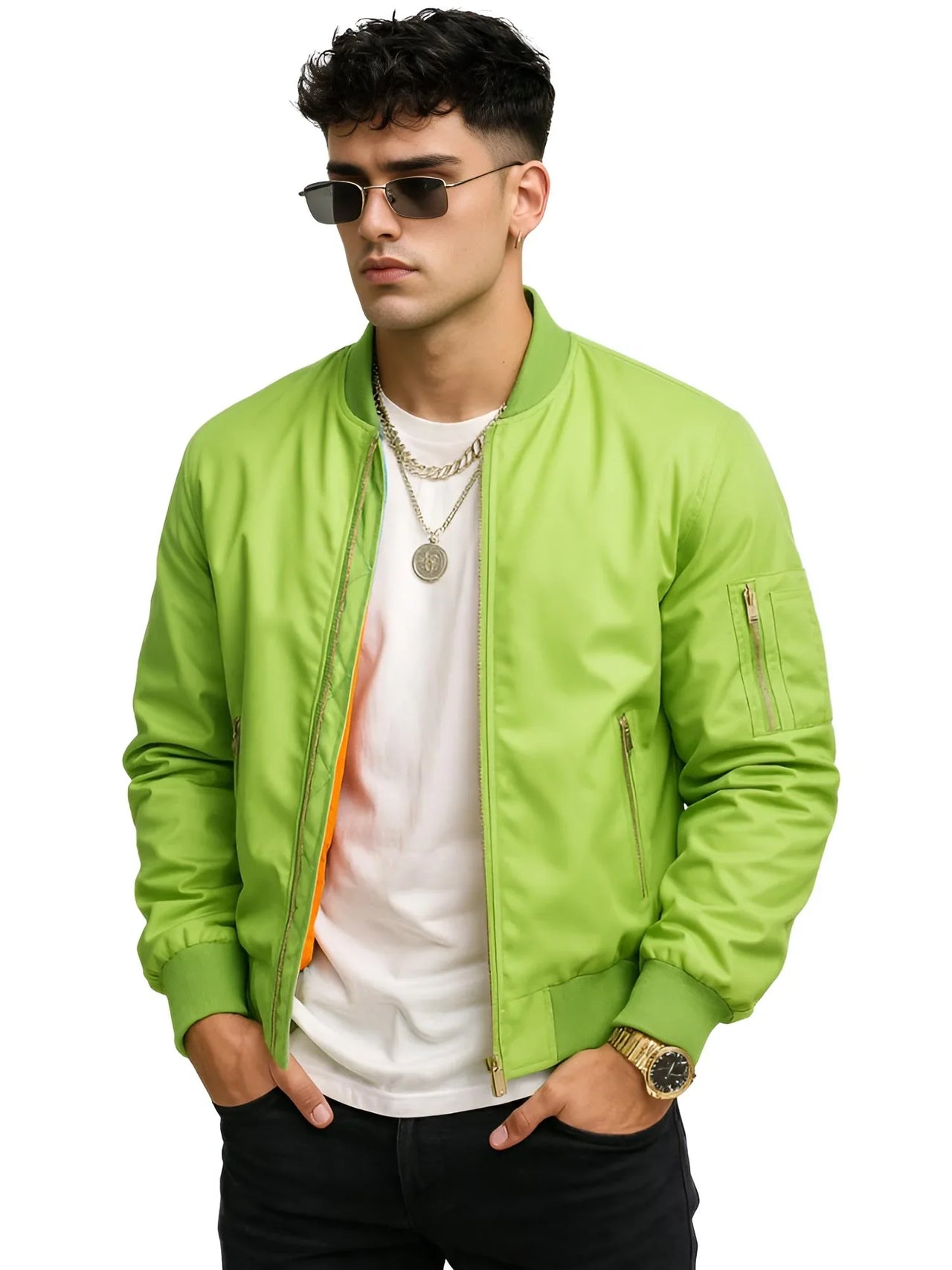 Man wearing a bright green bomber jacket on a white background