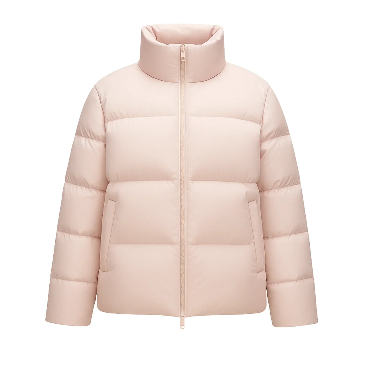 Pink puffer jacket on a white background