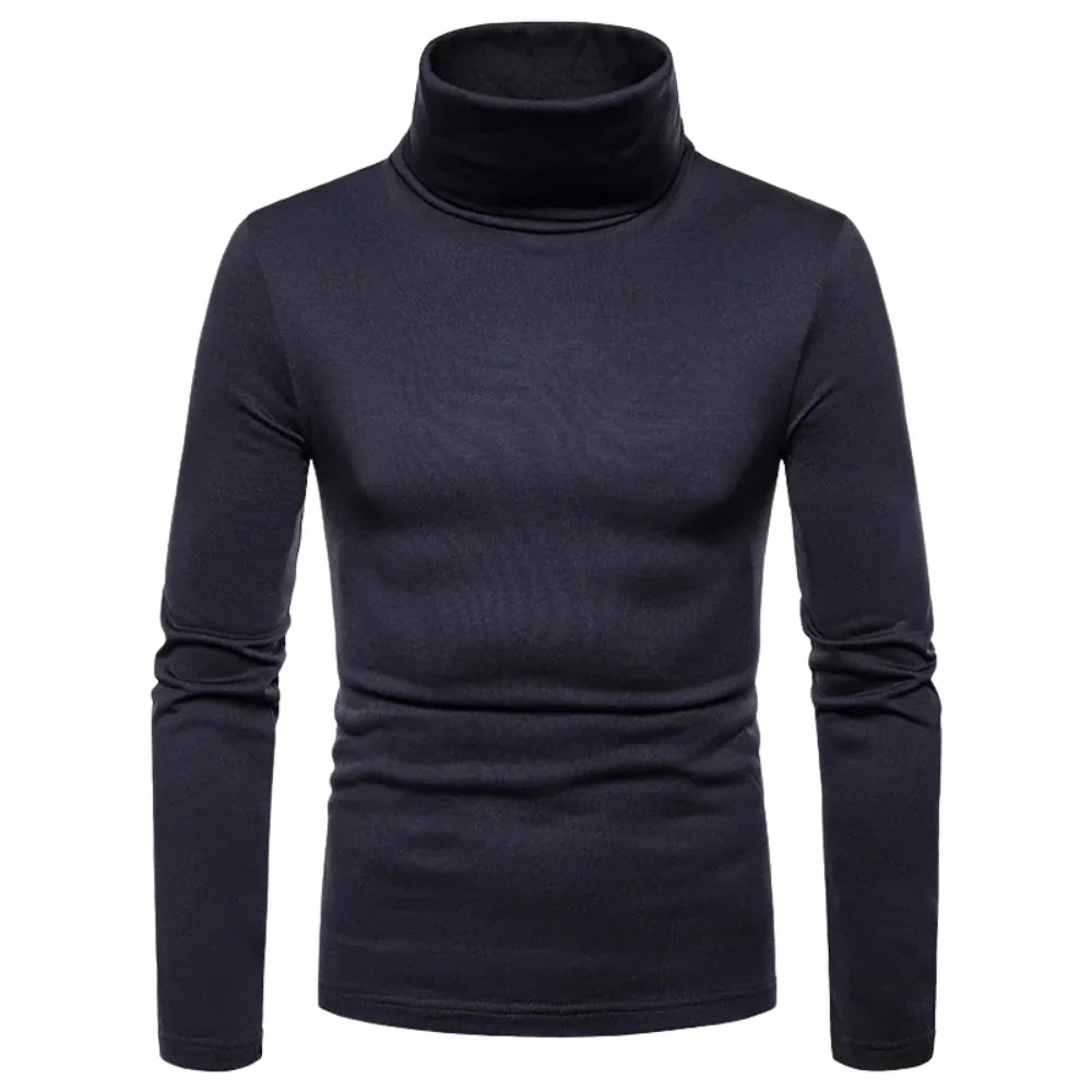 Dark gray turtleneck sweater on a white background