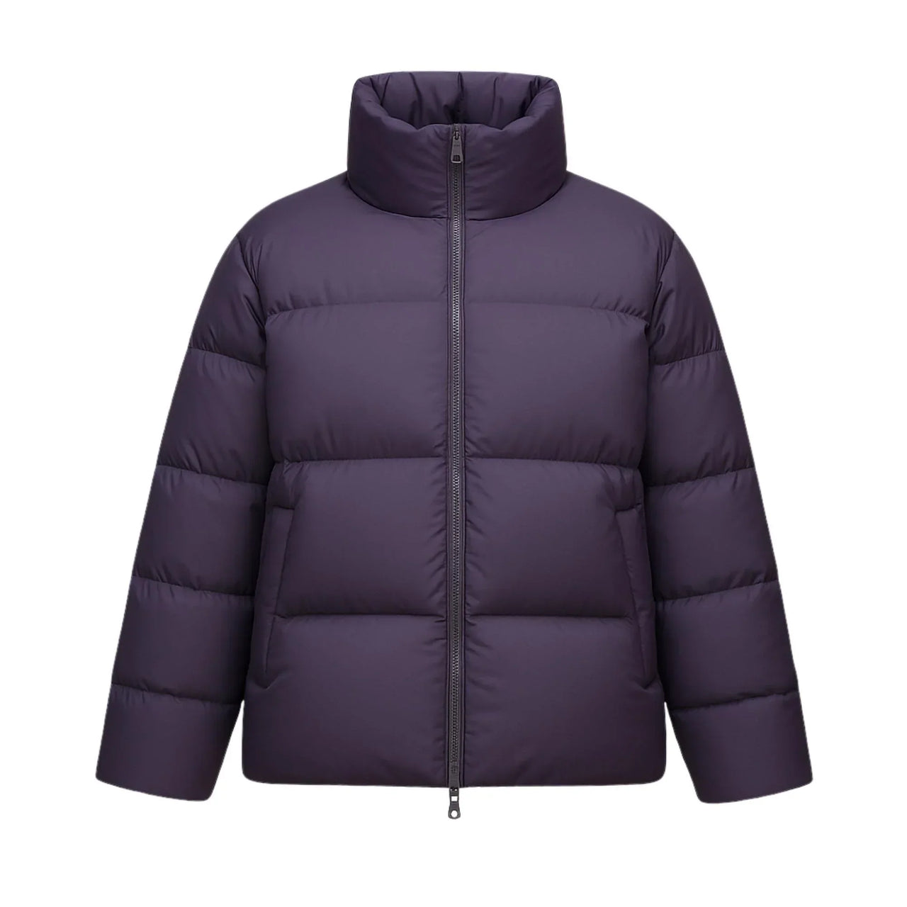 Purple puffer jacket on a white background