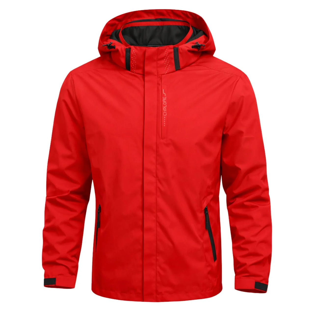 Red rain jacket with black accents on a white background