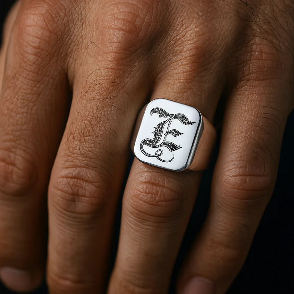 Men's Retro Initial Signet Ring 18mm Bulky Heavy Male Band Stainless Steel Letters Custom Jewelry Gift For Him