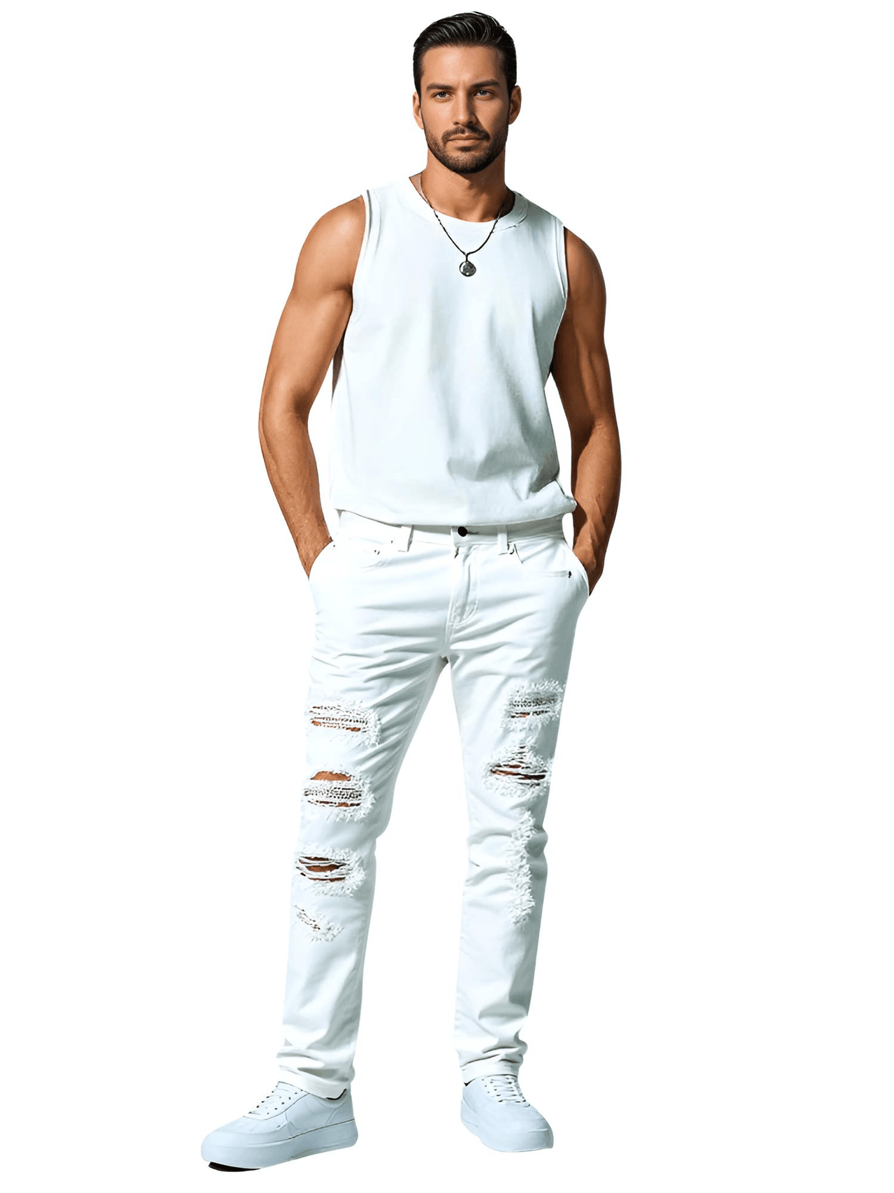 Men's Ripped White Jeans Fashion Slim Skinny Rhinestone Stretch Denim Pants With Holes, Drestiny, White, Jeans, Skinny Jeans, Casual Pants, United States, USA, Australia, New Zealand, United Kingdom, UK, men's white jeans, white jeans for men, white jeans men, men's white denim jeans, slim fit white jeans men, men's white denim, white jeans mens, 28, 29, 30, 31, 32, 33, 34, 36, 38, 40, shopdrestiny.com