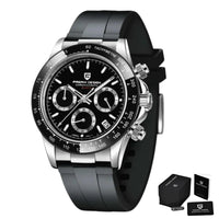 Thumbnail for Black and silver watch with packaging on a white background