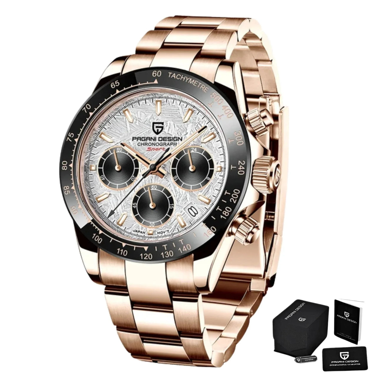 Men's gold watch with detailed face and packaging on a white background