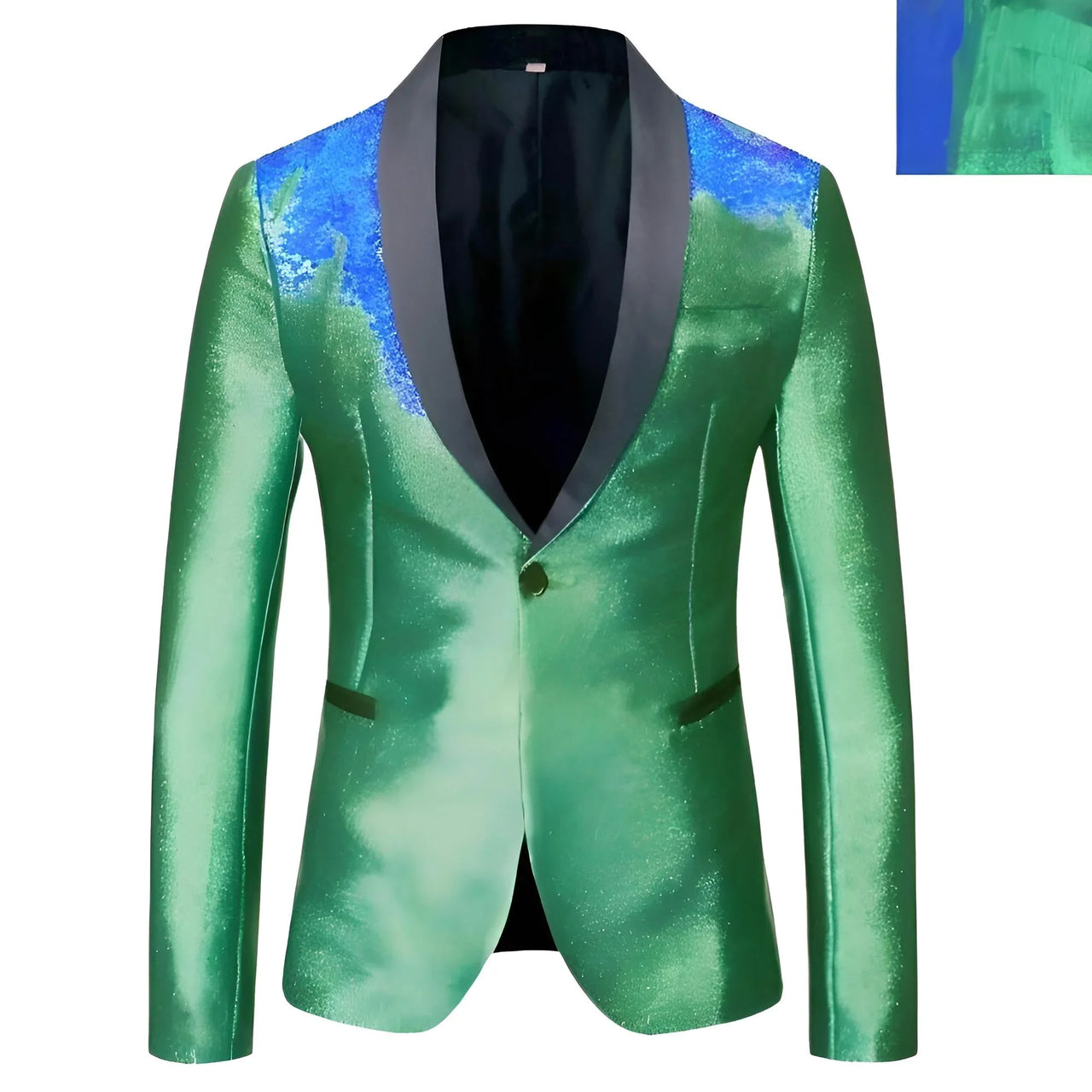 Green satin blazer with black lapels on a white background