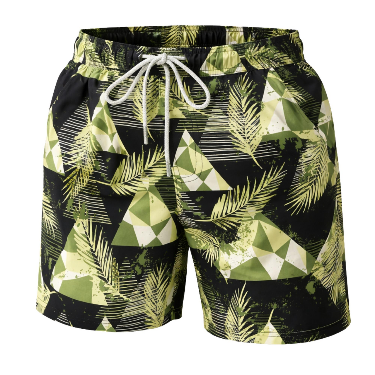 Green and black patterned swim shorts with a drawstring on a white background