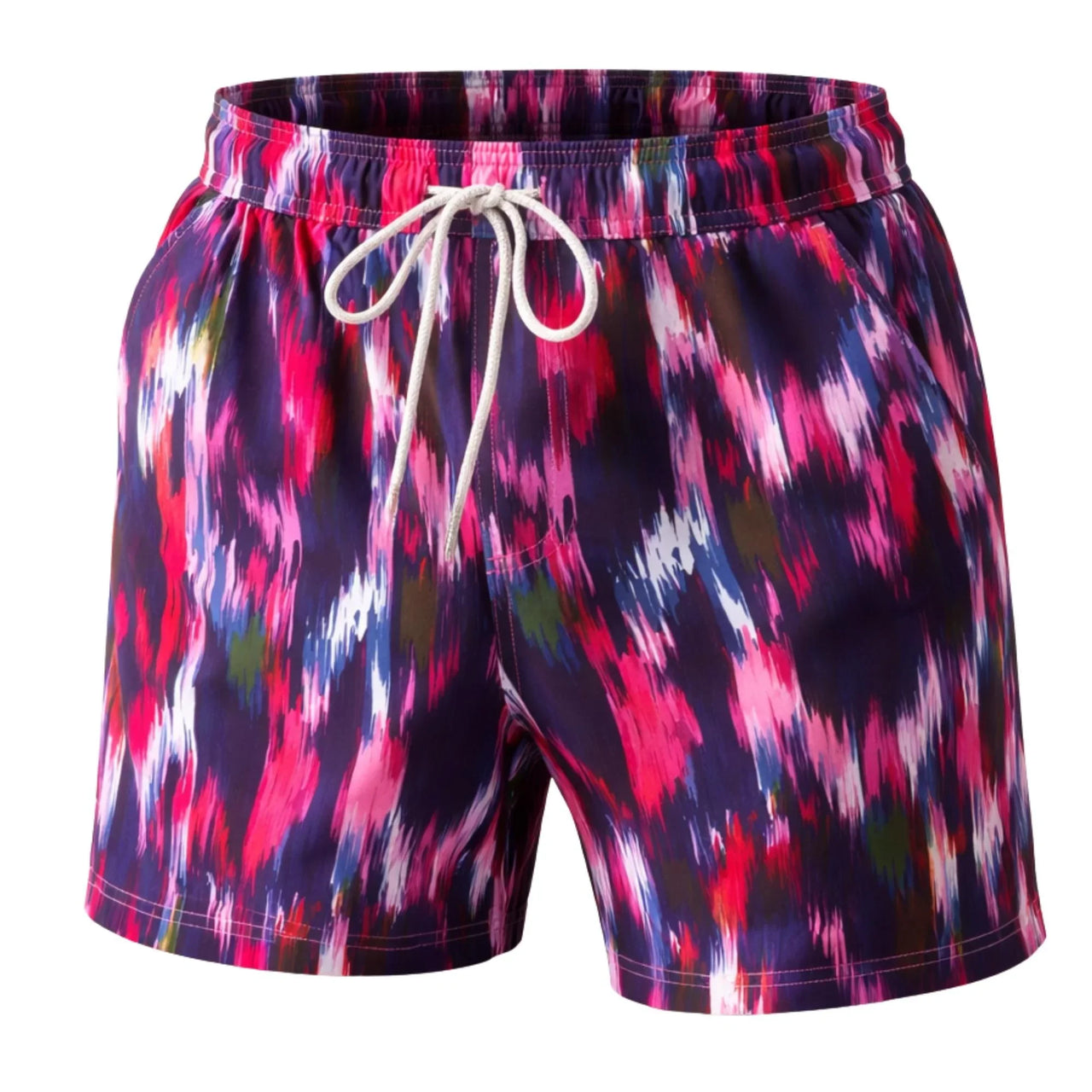 Colorful swim shorts with a tie-dye pattern on a white background