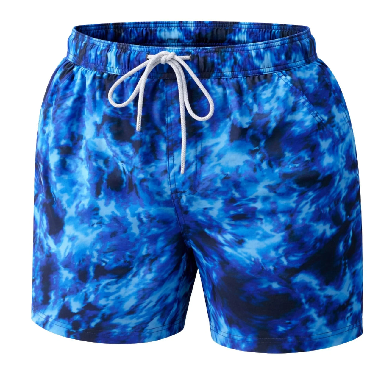Blue tie-dye swim shorts with a white drawstring on a white background