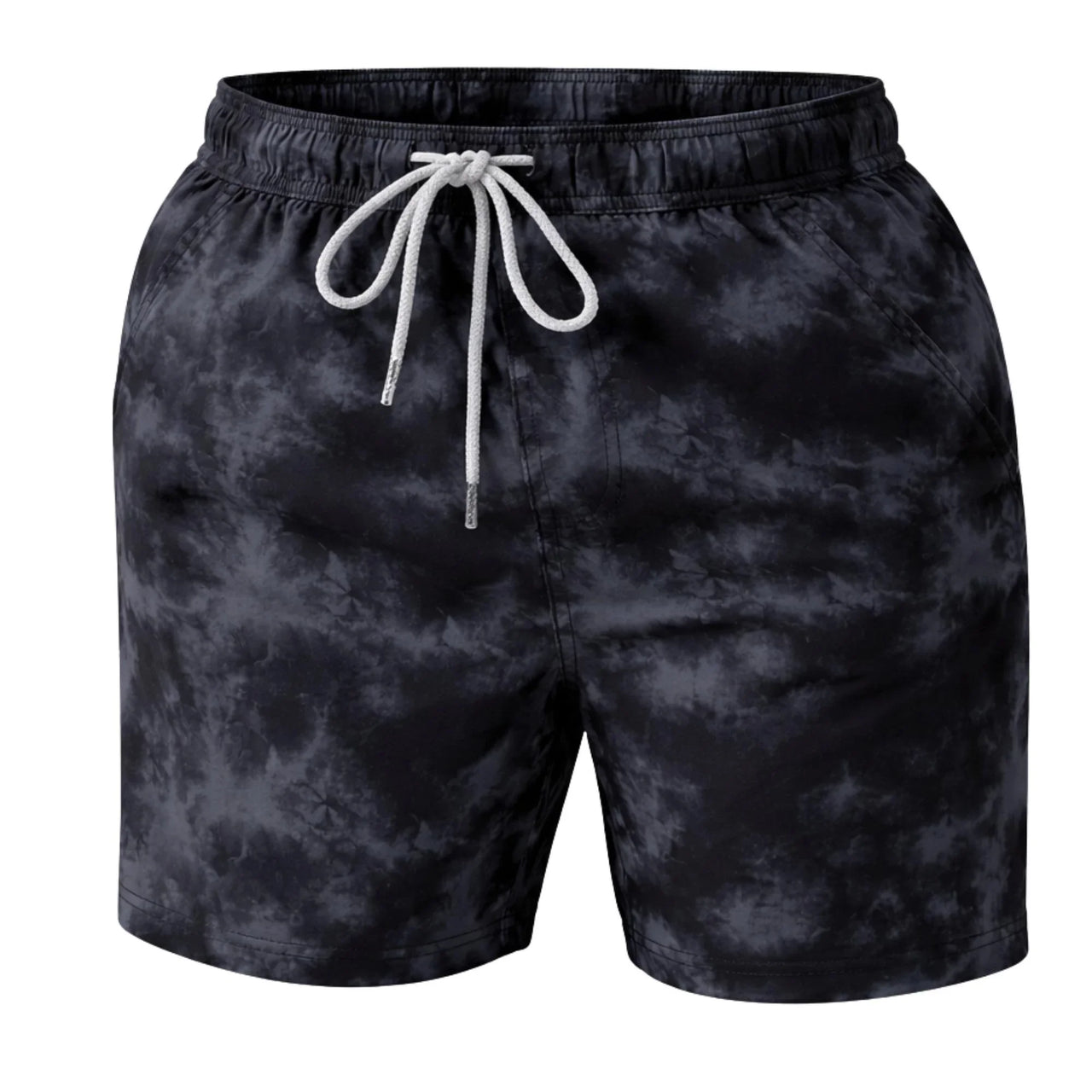 Black tie-dye swim shorts with a drawstring on a white background