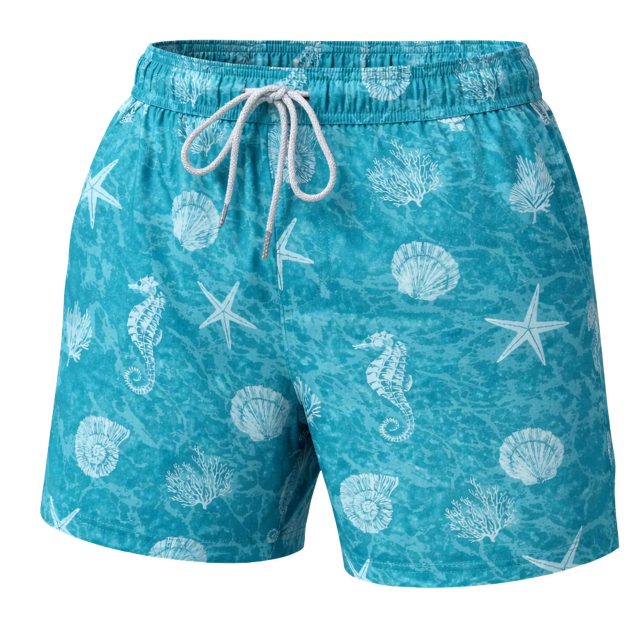 Blue swim shorts with white sea-themed pattern on a white background