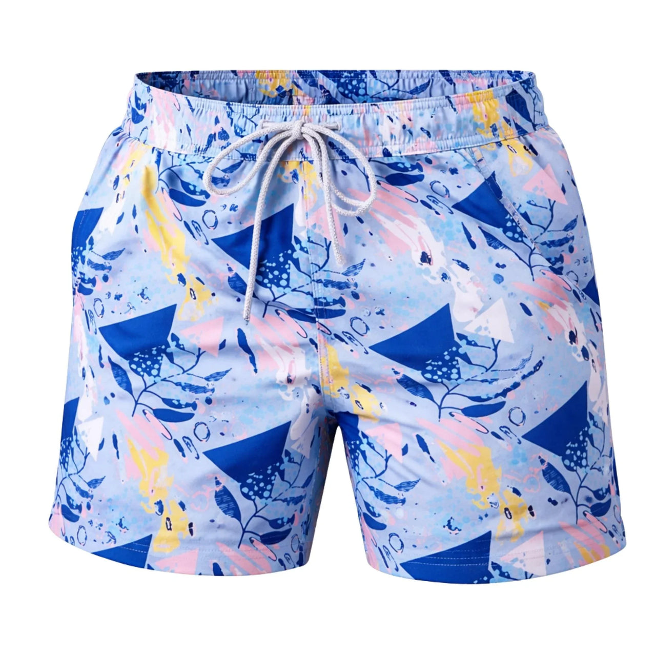 Men's colorful swim shorts with geometric pattern on a white background