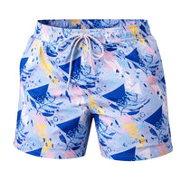 Thumbnail for Men's colorful swim shorts with geometric pattern on a white background