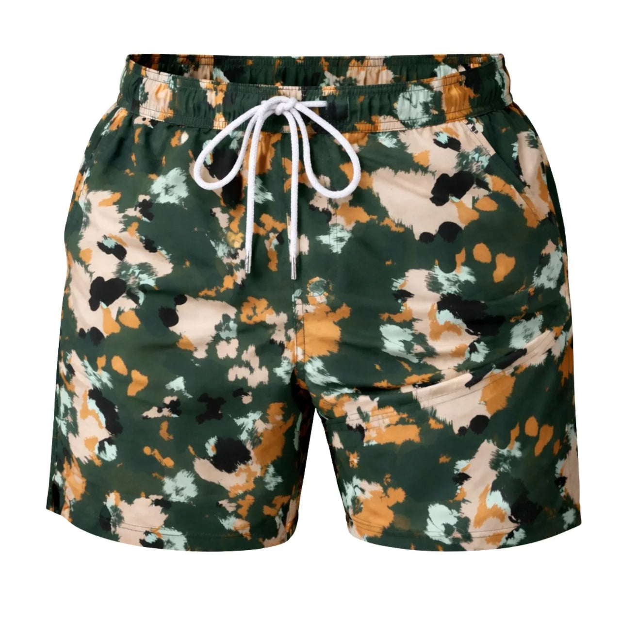Camouflage-patterned swim shorts with a drawstring on a white background
