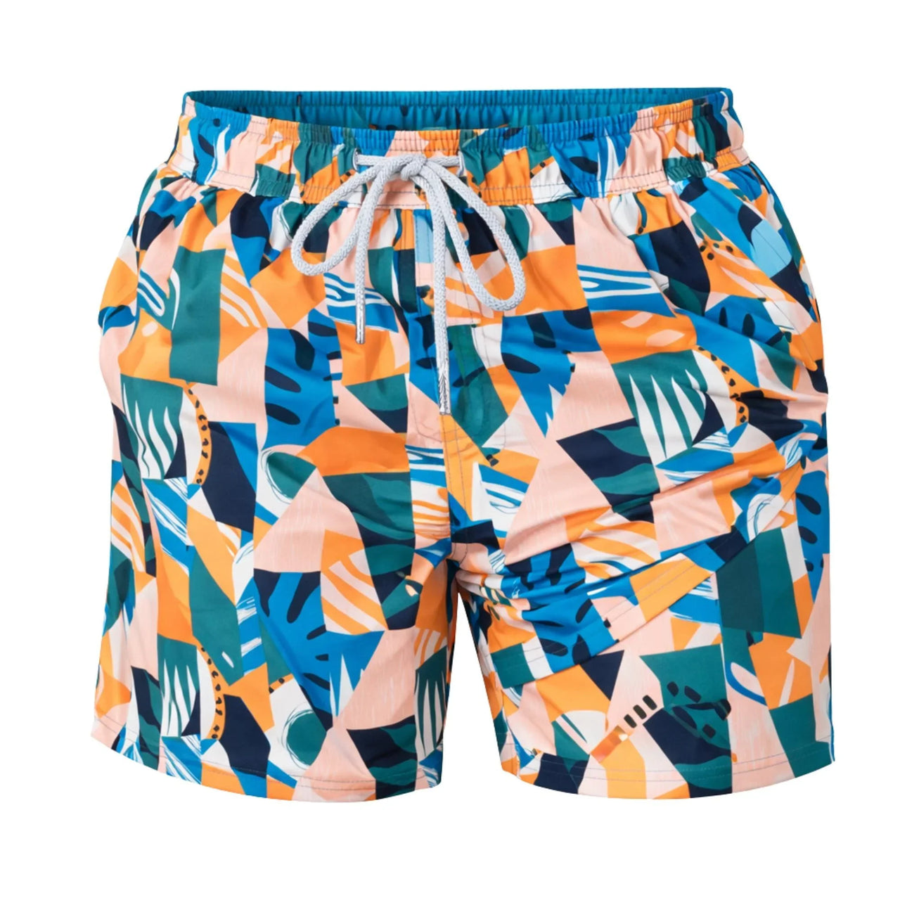 Colorful geometric patterned swim shorts on a white background