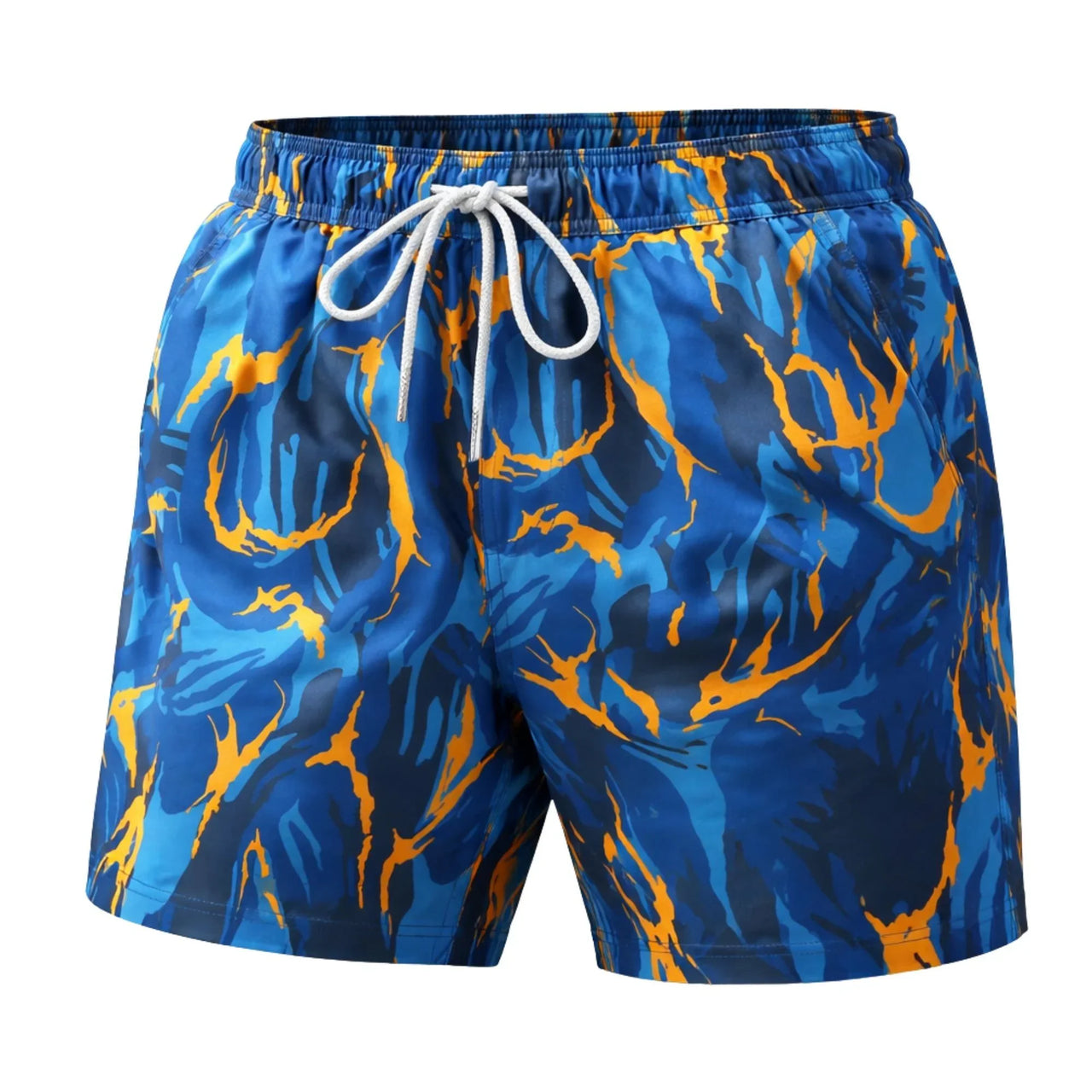 Blue and orange swim shorts with a white drawstring on a white background