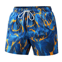Thumbnail for Blue and orange swim shorts with a white drawstring on a white background