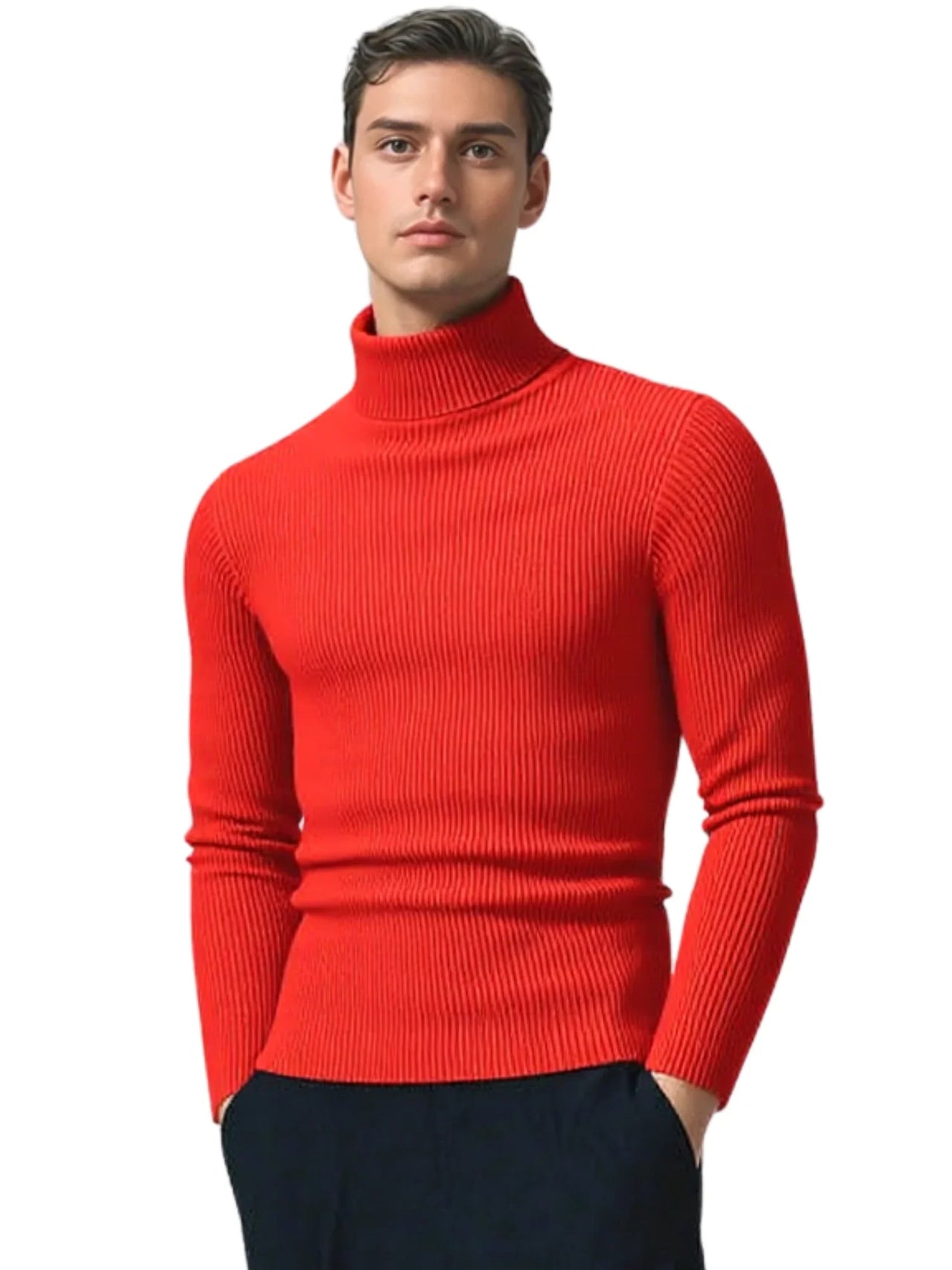 Man wearing a red turtleneck sweater on a white background